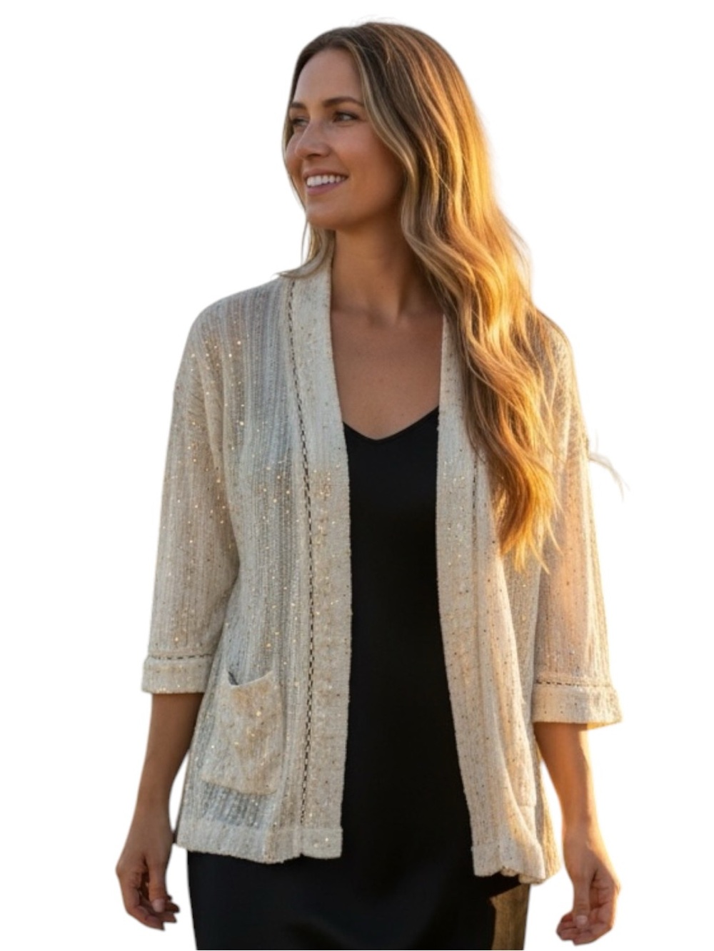 NWT Soft Surroundings Cream Metallic Open-Knit Cardigan Size Small
